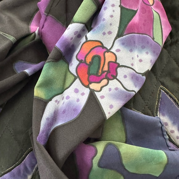 BOGO 🔥🌞Vintage Silk Scapes Floral Embroidered Black Jacket w/Scarf - Picture 8 of 10